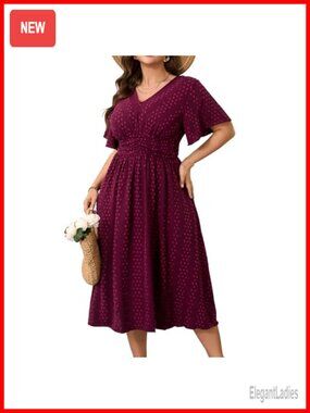 Plus Size Swiss Dot Maxi Dress V Neck Short Sleeve Swing Summer